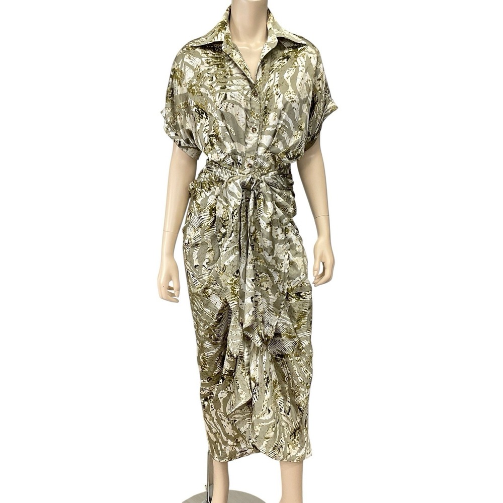 Mable Dress Small Women Green Print Short Sleeve Button Front Collared Midi